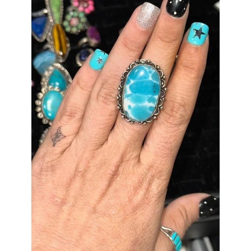 Larimar Oval Sterling Silver Overlay Ring Size 8
